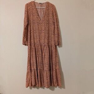 Zara‎ Women's Salmon Pink Geometric Print Boho V-Neck Midi Maxi Dress Size Small